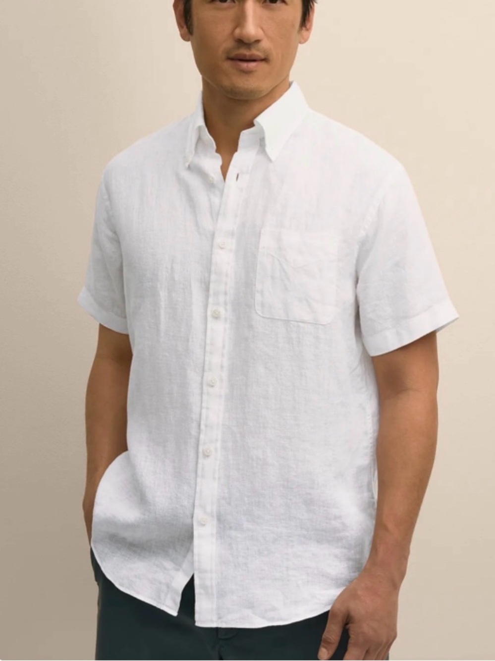 Men's White Short-Sleeve Linen Button-Up Shirt
